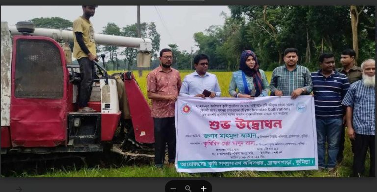 ব্রাহ্মণপাড়ায় ব্লক প্রদর্শনী স্থাপনের লক্ষ্যে কম্বাইন হারভেস্টারের মাধ্যমে ধান কর্তনের উদ্বোধন
